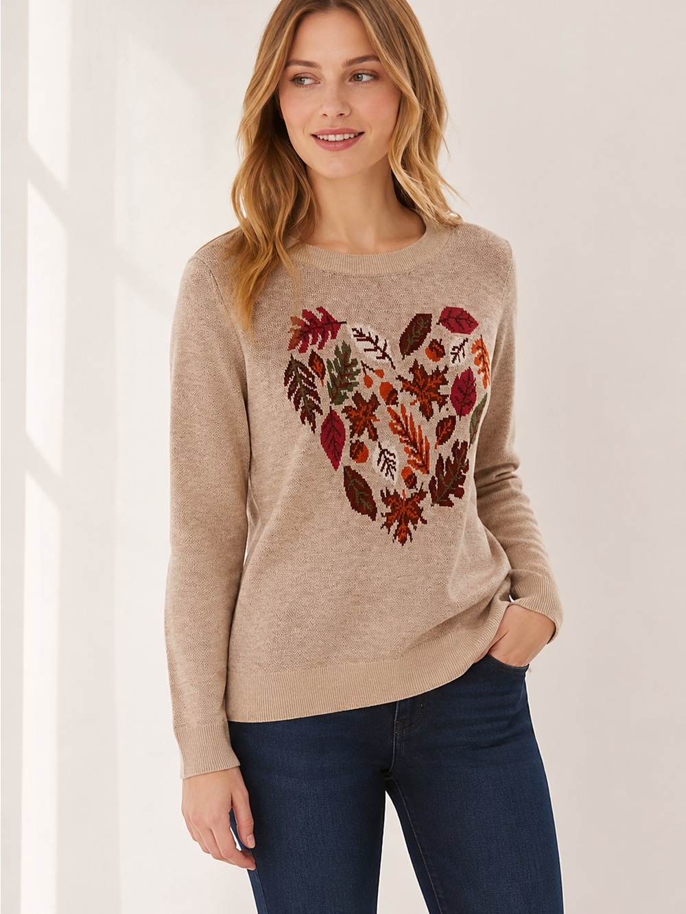 LOFT Fall Autumn Leaves Heart Sweater Beige XS